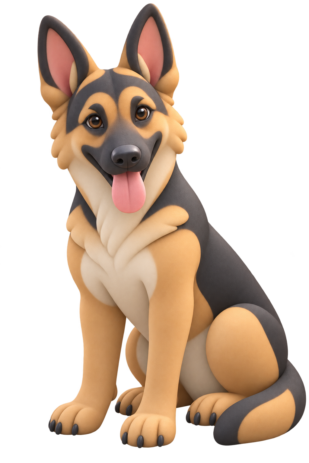 Our German Shepherd mascot, with tall ears and a happy tongue-out smile
